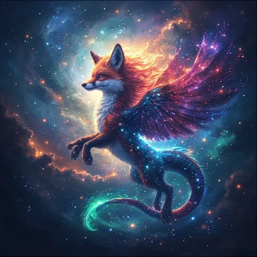 A Cosmic-Astral Twilight, Emerald, and Red Stardust Fox-Pegasus-Dragon in the Stardust Nebula
