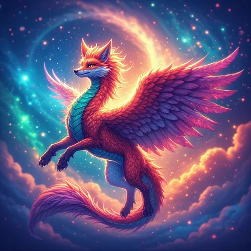 A Cosmic-Astral Twilight, Emerald, and Red Stardust Fox-Pegasus-Dragon in the Stardust Nebula