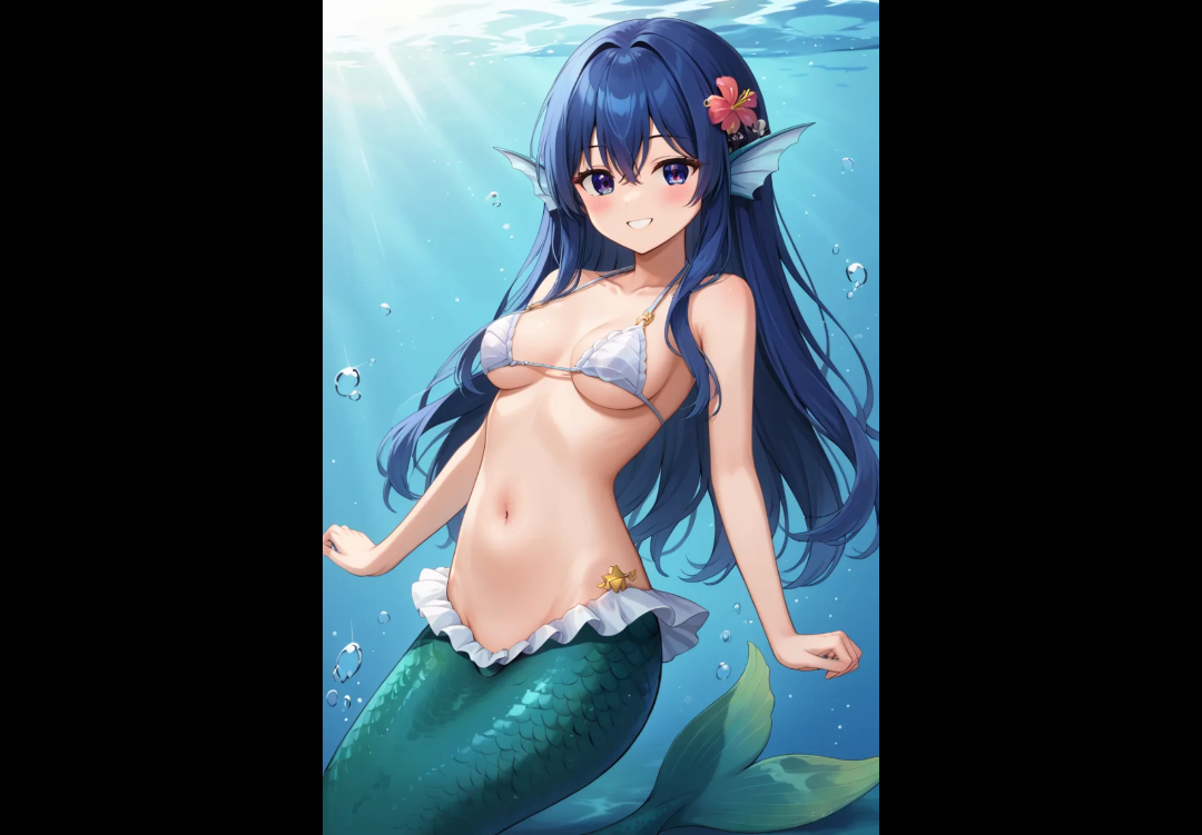 masterpiece), best quality, expressive eyes, perfect face #1girl #seductive pose #shell bikini #teasing smile #anime_style Baby blue colour hair, long hair #ultra-asamiya athena #mermaid #mermaid tail #ears fins