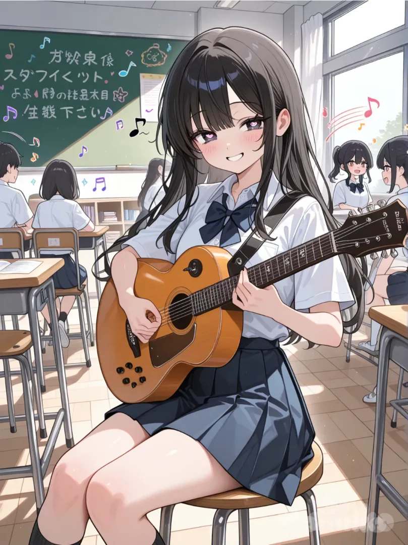 1girl, holding guitar, smiling, music notes floating around the guitar, school uniform, long black hair, 