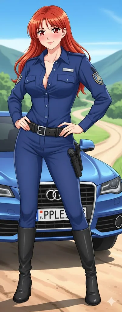 1girl, police woman, full body, female, knee boots, long hair 