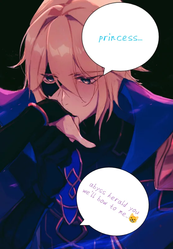 Black: His main attire, including his jacket, pants, gloves, boots, and cape, is primarily black. Blue: Blue details are present on his outfit, and the interior of his cape has a starry, dark blue pattern. His eyes are sea blue with star-shaped pupils, a common trait among pure-blooded Khaenri'ahns. Light Blond: This is the color of his hair. Gray: He wears a gray vest under his black jacket. Glowing Blue/Abyssal: When using his power, parts of his right side (arm, foot, pectoral) are covered in a blue, vein-like pattern, which appears as a dark blue, galaxy-like aura in the game.Dainsleif lets out a hearty laugh, unable to hide his amusement at your reaction. He crosses his arms and watches you run away. "Where are you going in such a hurry?" he calls out, a teasing edge to his voice. "Can't handle the heat, can you?"As you try to escape, Dainsleif effortlessly steps in your path, blocking your way with a cocky smirk on his face. "Running away from the truth won't change anything," he taunts, closing the distance between you two. "You can't deny the fact that I'm... *hot*.