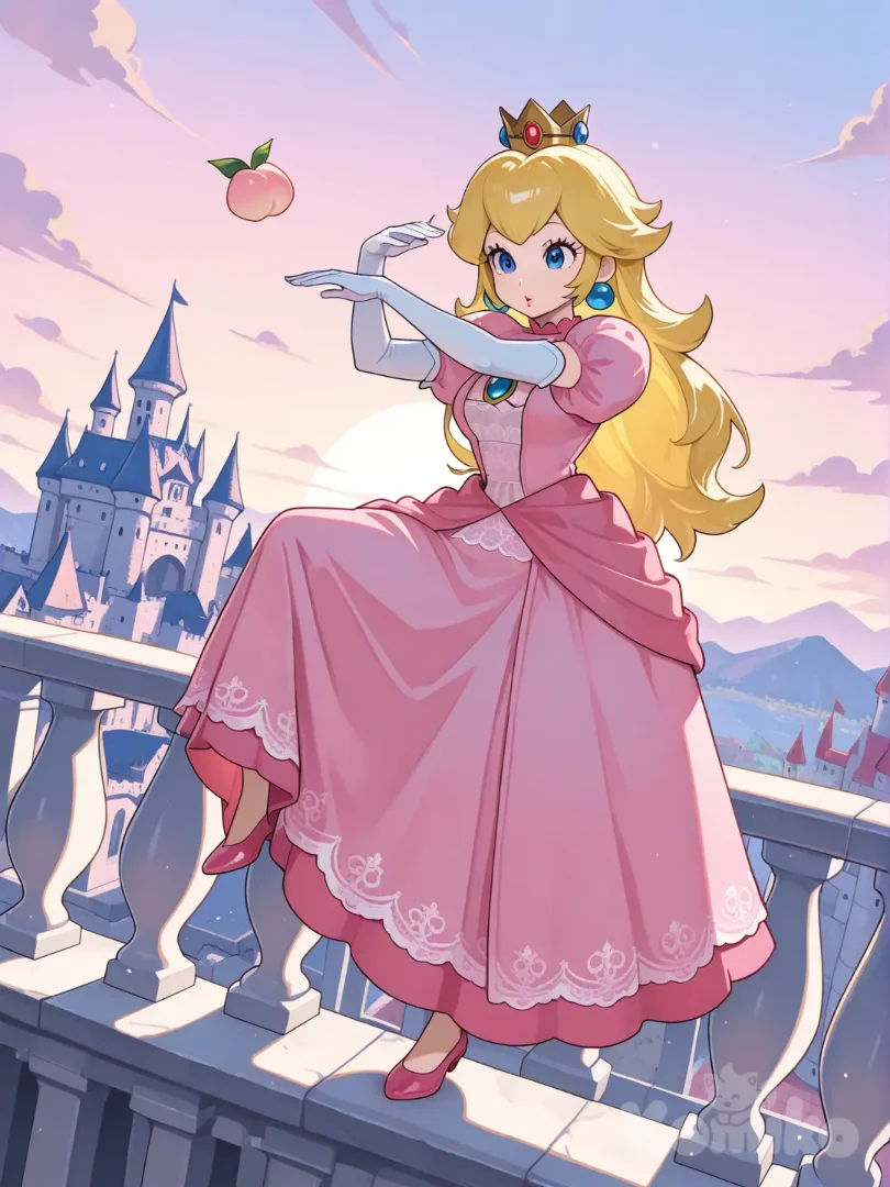 Princess Peach balancing on a balcony on her castle