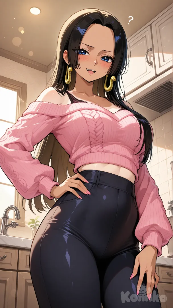 @Boa_Hancock,A girl with light blonde hair featuring pink highlights at the ends, hair cascading over her shoulders, in 9:16 aspect ratio. Tanned skin, striking blue eyes looking directly at the viewer. Slightly confused and shy expression, cheeks flushed pink, mouth slightly open. She wears an off-shoulder pink knit sweater slipped lower, revealing lace bra underneath and the bra straps on her back; underneath, high-waisted tight black leggings hugging her hips closely. Her right hand rests on her right hip, gently gripping the legging fabric, fingers splayed with long pink nails visible. Medium shot focusing on upper body and hips, low-angle view emphasizing her figure, character centered and dominating the frame. Background is an indoor space: left side shows a faucet and countertop suggesting a kitchen or bathroom; right side has a large window allowing natural light to stream in, creating highlights on her hair and sweater edge. Overall anime/manga illustration style with clean lines, simple yet expressive facial features, stylized proportions. Warm and appealing color palette: soft pink of the sweater, tight black of the leggings, vibrant blue of eyes, golden blonde hair, complemented by tanned skin tones. Subtle gradients for depth and volume in hair and clothing. Bright natural lighting from the right, producing strong highlights and soft shadows, accentuating the knit texture of the sweater, lace details of the bra, and sheen of the leggings. Visual effects include light background blur for shallow depth of field, keeping the character in sharp focus. Mood is cheerful and slightly seductive, with a touch of bashfulness conveyed through her expression and pose. Design details: knit texture on the sweater, intricate lace on the bra, high-waisted edging on the leggings."