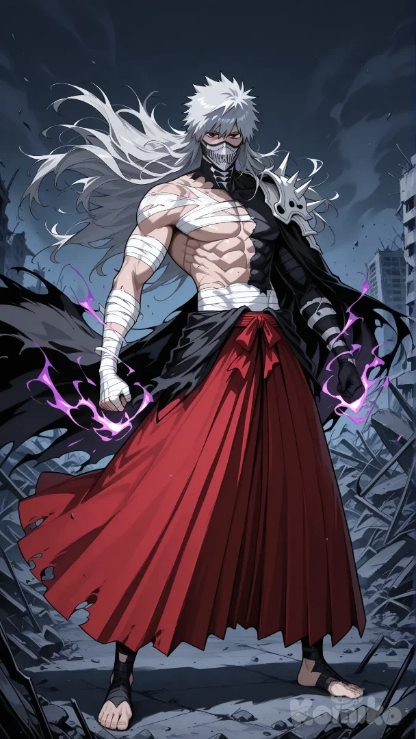 @Kurosaki_Ichigo(bleach),Create a dynamic, full-body anime-style illustration of a formidable male warrior. He stands centrally with a powerful, slightly angled stance, his head turned slightly to the right, revealing intense red eyes that pierce through his dark features. His long, spiky, dark grey hair flows dynamically past his shoulders, as if caught in a strong wind or motion.His muscular upper torso is bare, showcasing defined abdominal and pectoral muscles, covered in a dark grey, textured skin or material that appears like bandages or a tightly wrapped suit. Several ripped or torn areas, particularly on his arms and left shoulder, reveal lighter skin underneath. His face is partially obscured by a dark grey mask or cloth covering his nose and mouth, leaving only his piercing red eyes visible.rom his waist down, he is enveloped in a voluminous, dark crimson red material that flares out dramatically, resembling a flowing cape or skirt made of a dark, potent energy or fabric. This red element features jagged, flame-like edges, conveying a sense of immense power and constant motion. To the right of his body, a large, amorphous mass of dark, swirling energy or substance extends vertically, tapering to a sharp point at the top, suggesting a formidable weapon or a manifestation of his raw power. His feet are bare and lightly shaded at the bottom.The background is a desolate and chaotic battlefield filled with crumbling, war-torn buildings and ruins, providing a stark and dramatic setting. Debris, smoke, and faint structural remnants of destroyed architecture fill the scene, implying a recent and fierce conflict.The artistic style is characteristic of Japanese anime and manga, with crisp lines, defined shapes, and character illustration. The color palette is dominated by dark tones: dark grey for his body and mask, black for his hair and the swirling energy mass, sharply contrasted by the vibrant, deep crimson red of his lower garment and the focal point of his red eyes. The only light colors are the pale skin tones and the occasional glint on metallic elements within the ruins. Lighting is subtle but effective, creating depth on his muscles and the folds of his attire, while casting dramatic shadows appropriate for a war-torn environment. The mood conveyed is one of immense power, intensity, mystery, and formidable strength, set against a backdrop of destruction and desolation."