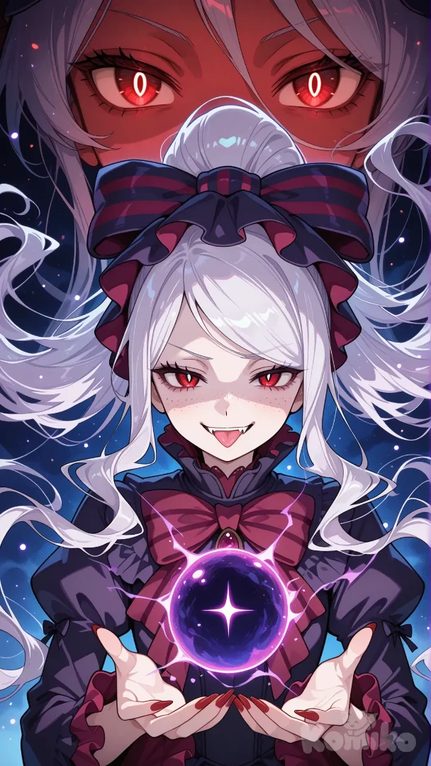 @Shalltear_Bloodfallen(over lord),A highly anime-style illustration of a young female vampire character in a dynamic 9:16 vertical portrait composition, occupying the central and upper two-thirds of the frame for dramatic focus. She has long, flowing white hair cascading down her back, bright red glowing eyes with a mischievous glint, freckles on her cheeks, and a wide smirking smile revealing sharp fangs and a pink tongue. Her expression is intense and sinister, with exaggerated anime features like large expressive eyes and a pointed chin. She wears a gothic black dress with red ruffled trims on the sleeves and collar, a large black-and-red striped bow on her head, and a prominent red bow at her chest. Her left hand is extended forward, holding a vibrant red energy orb in her palm that emits a strong magical glow, illuminating her hand, face, and nails (long, pointed, painted red) with dramatic shadows and highlights. The orb is filled with sparkling red particles, creating a sense of power and mystery. Background is an enchanted, dreamlike forest with tangled purple and deep blue branches, ethereal fog, and scattered tiny glowing particles like fireflies or magic dust, evoking a mystical and slightly eerie atmosphere. Use a vibrant color palette with contrasting reds against cool purples and blues, soft bokeh effects for depth, crisp linework for the character, and painterly textures for the environment. High contrast lighting from the orb, overall mood intense and magical, in the style of anime artists like Yoshitaka Amano or Studio Ghibli with a dark fantasy twist, ultra-8k resolution, no text or signatures."