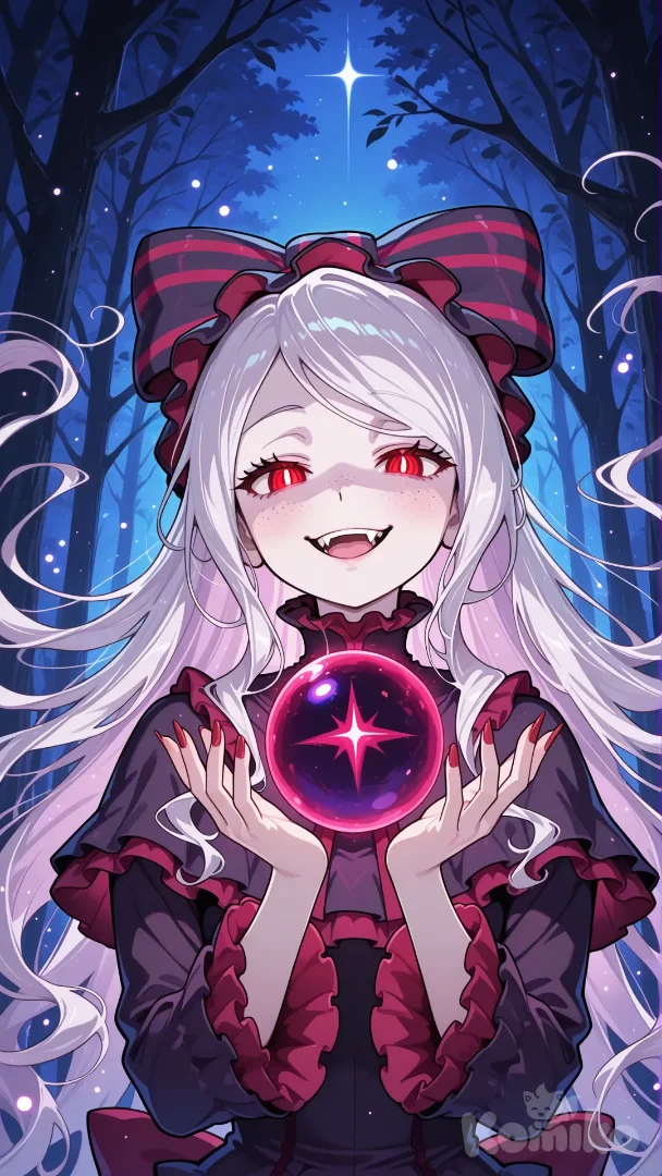 @Shalltear_Bloodfallen(over lord),A highly anime-style illustration of a young female vampire character in a dynamic 9:16 vertical portrait composition, occupying the central and upper two-thirds of the frame for dramatic focus. She has long, flowing white hair cascading down her back, bright red glowing eyes with a mischievous glint, freckles on her cheeks, and a wide smirking smile revealing sharp fangs and a pink tongue. Her expression is intense and sinister, with exaggerated anime features like large expressive eyes and a pointed chin. She wears a gothic black dress with red ruffled trims on the sleeves and collar, a large black-and-red striped bow on her head, and a prominent red bow at her chest. Her left hand is extended forward, holding a vibrant red energy orb in her palm that emits a strong magical glow, illuminating her hand, face, and nails (long, pointed, painted red) with dramatic shadows and highlights. The orb is filled with sparkling red particles, creating a sense of power and mystery. Background is an enchanted, dreamlike forest with tangled purple and deep blue branches, ethereal fog, and scattered tiny glowing particles like fireflies or magic dust, evoking a mystical and slightly eerie atmosphere. Use a vibrant color palette with contrasting reds against cool purples and blues, soft bokeh effects for depth, crisp linework for the character, and painterly textures for the environment. High contrast lighting from the orb, overall mood intense and magical, in the style of anime artists like Yoshitaka Amano or Studio Ghibli with a dark fantasy twist, ultra-8k resolution, no text or signatures."