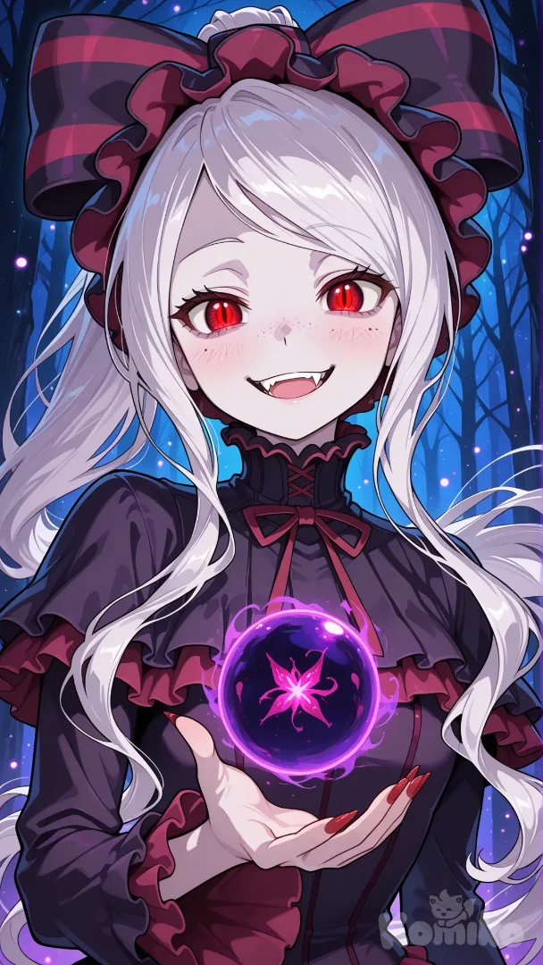 @Shalltear_Bloodfallen(over lord),A highly anime-style illustration of a young female vampire character in a dynamic 9:16 vertical portrait composition, occupying the central and upper two-thirds of the frame for dramatic focus. She has long, flowing white hair cascading down her back, bright red glowing eyes with a mischievous glint, freckles on her cheeks, and a wide smirking smile revealing sharp fangs and a pink tongue. Her expression is intense and sinister, with exaggerated anime features like large expressive eyes and a pointed chin. She wears a gothic black dress with red ruffled trims on the sleeves and collar, a large black-and-red striped bow on her head, and a prominent red bow at her chest. Her left hand is extended forward, holding a vibrant red energy orb in her palm that emits a strong magical glow, illuminating her hand, face, and nails (long, pointed, painted red) with dramatic shadows and highlights. The orb is filled with sparkling red particles, creating a sense of power and mystery. Background is an enchanted, dreamlike forest with tangled purple and deep blue branches, ethereal fog, and scattered tiny glowing particles like fireflies or magic dust, evoking a mystical and slightly eerie atmosphere. Use a vibrant color palette with contrasting reds against cool purples and blues, soft bokeh effects for depth, crisp linework for the character, and painterly textures for the environment. High contrast lighting from the orb, overall mood intense and magical, in the style of anime artists like Yoshitaka Amano or Studio Ghibli with a dark fantasy twist, ultra-8k resolution, no text or signatures."