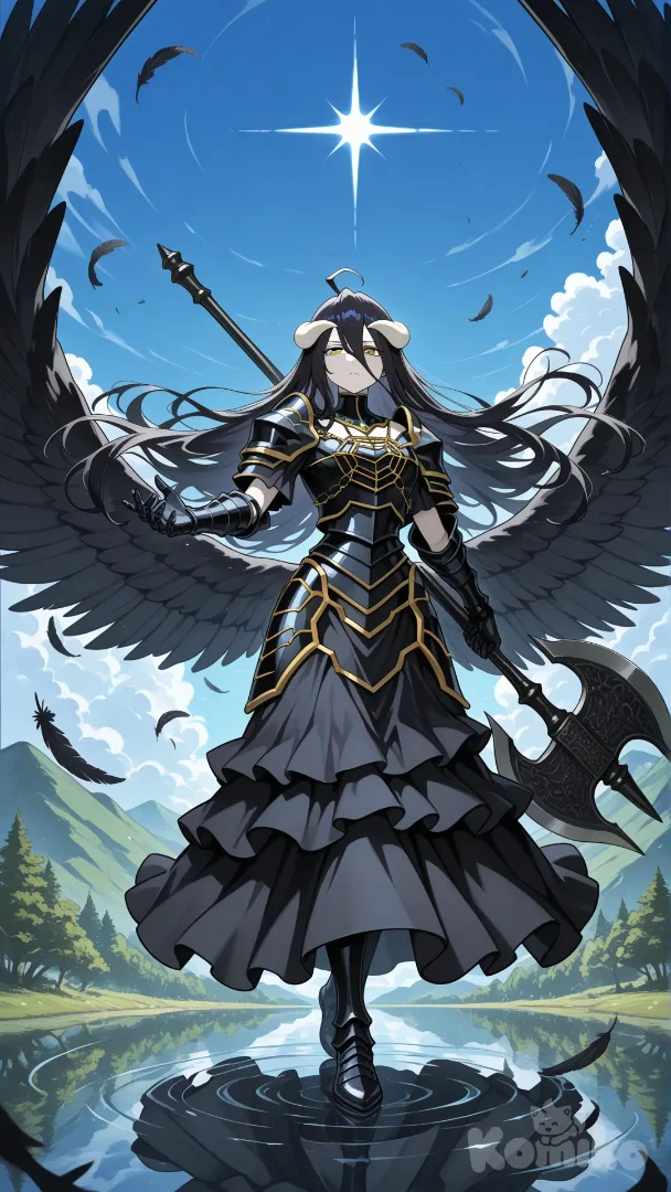 @Albedo(over lord),"A highly anime-style fantasy illustration of a powerful female warrior in a dynamic 9:16 vertical composition, positioned centrally from head to toe in the full frame for an imposing portrait. She has long flowing dark hair framing her face, small light-colored horns protruding from her forehead, large dark feathered wings spread slightly behind her back, and striking yellow-gold eyes gazing directly forward with a solemn, determined expression. Her fair skin contrasts with elaborate dark armor featuring intricate gold geometric patterns on the chest plate, shoulders, and arms, transitioning into a long flowing black skirt that reaches the ground. She holds a massive double-bladed axe with a purple shaft and metallic blades in her right hand, resting the head on the ground for a grounded yet ready stance. Dark feathers and green leaves float around her, suggesting motion and ethereal energy. The background is a serene natural landscape with rolling green hills, a calm reflective lake or river, scattered evergreen trees, and a partly cloudy sky, creating depth and scale. Use a dramatic color palette of deep blacks and golds for the character against vibrant greens and blues of the environment, with diffused overhead lighting highlighting the metallic sheen of the armor and subtle glossy textures. Mood of elegant power and mystique, in the style of anime fantasy like Fate series or Dark Souls art, with crisp linework, high contrast, ultra-8k resolution, no text or artifacts."