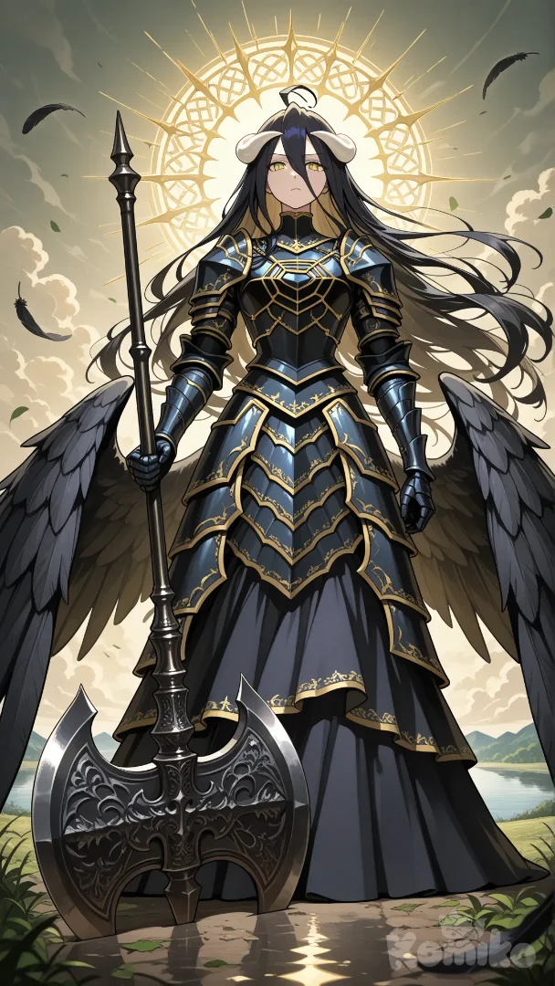 @Albedo(over lord),"A highly anime-style fantasy illustration of a powerful female warrior in a dynamic 9:16 vertical composition, positioned centrally from head to toe in the full frame for an imposing portrait. She has long flowing dark hair framing her face, small light-colored horns protruding from her forehead, large dark feathered wings spread slightly behind her back, and striking yellow-gold eyes gazing directly forward with a solemn, determined expression. Her fair skin contrasts with elaborate dark armor featuring intricate gold geometric patterns on the chest plate, shoulders, and arms, transitioning into a long flowing black skirt that reaches the ground. She holds a massive double-bladed axe with a purple shaft and metallic blades in her right hand, resting the head on the ground for a grounded yet ready stance. Dark feathers and green leaves float around her, suggesting motion and ethereal energy. The background is a serene natural landscape with rolling green hills, a calm reflective lake or river, scattered evergreen trees, and a partly cloudy sky, creating depth and scale. Use a dramatic color palette of deep blacks and golds for the character against vibrant greens and blues of the environment, with diffused overhead lighting highlighting the metallic sheen of the armor and subtle glossy textures. Mood of elegant power and mystique, in the style of anime fantasy like Fate series or Dark Souls art, with crisp linework, high contrast, ultra-8k resolution, no text or artifacts."