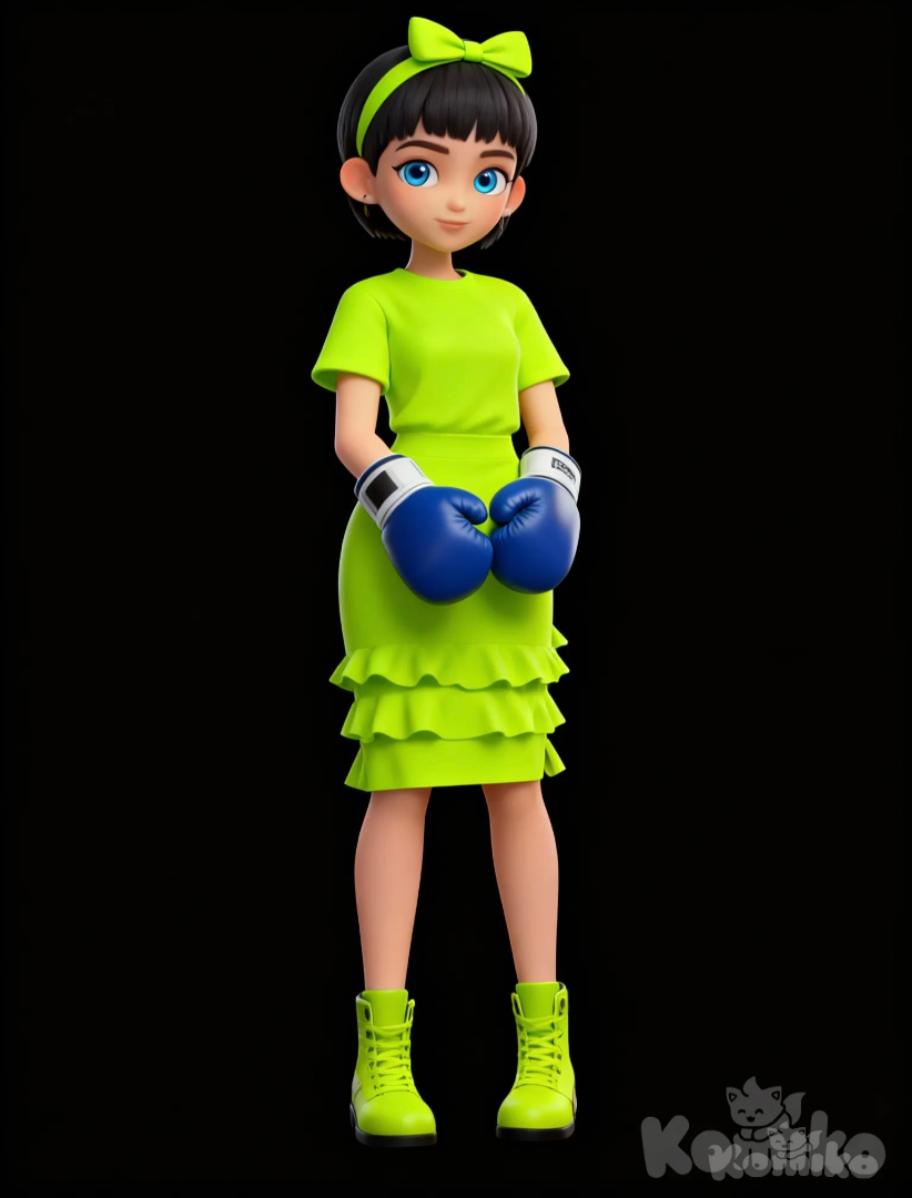t-shirt, pencil skirt, ruffles, headband, bow, boxing gloves, pixie cut, neon green