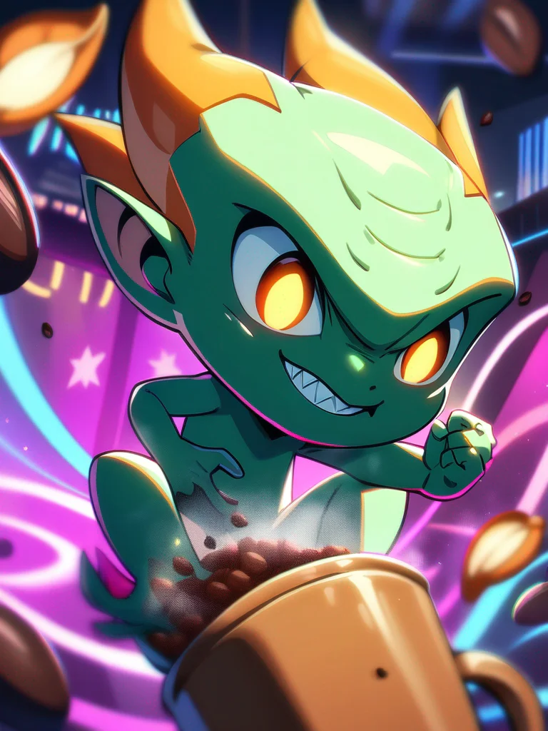 Manga-style caffeine gremlin, tiny horns, oversized hoodie up, jittery and searching for coffee, holding cups, floating coffee beans and steam, exaggerated expressions, dynamic manga style, vibrant colors