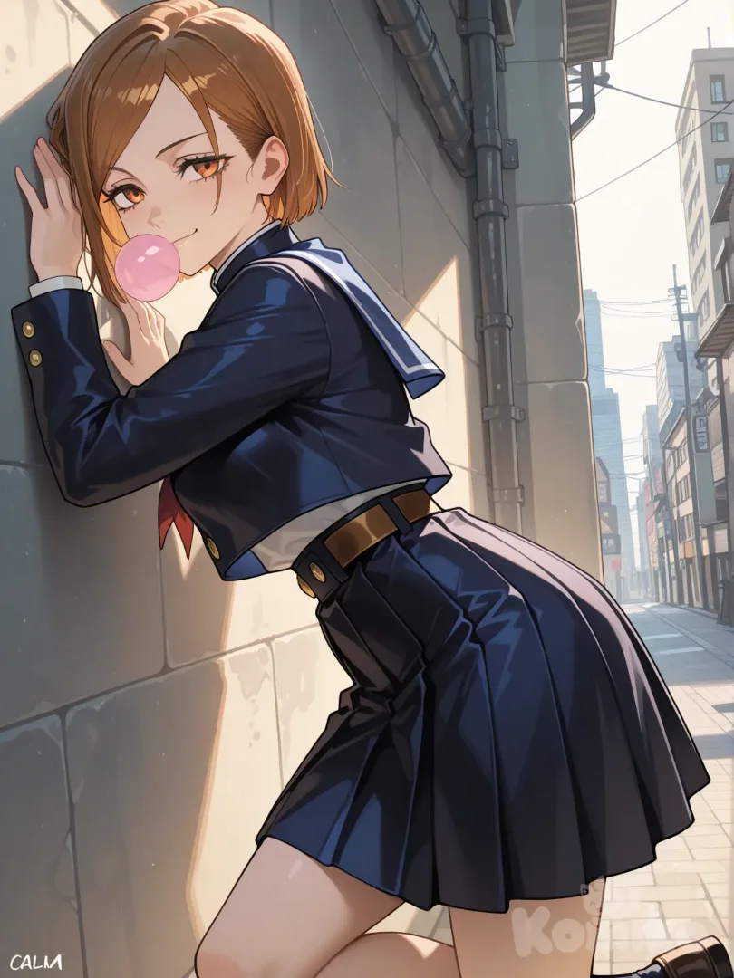 Nobara leaned against the wall and chewed gum