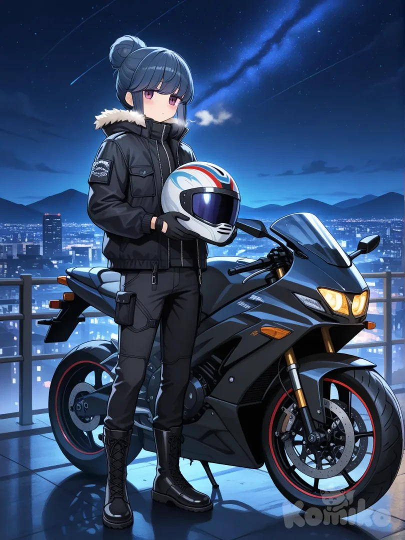 Shima Rin with her motorcycle on the mountain