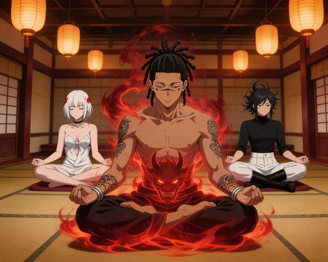 Genkai: girls.....please let me meditate alone, Uraume: no because yorozu is here😒 , Yorozu: I'm his servant too, deal with it🙄