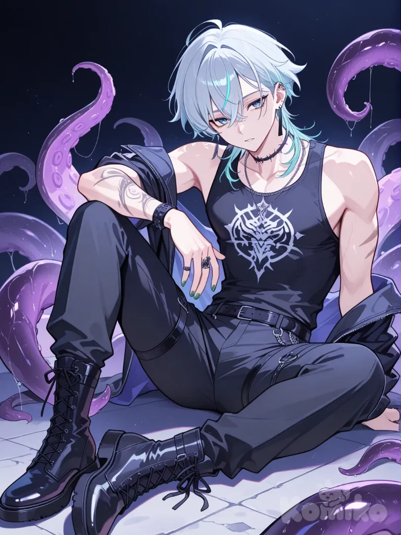 light bluish-gray hair with two tentacles, wears a black tank top, black pants, and black boots, has blue eyes, wears rings, and has green fingernails its a man