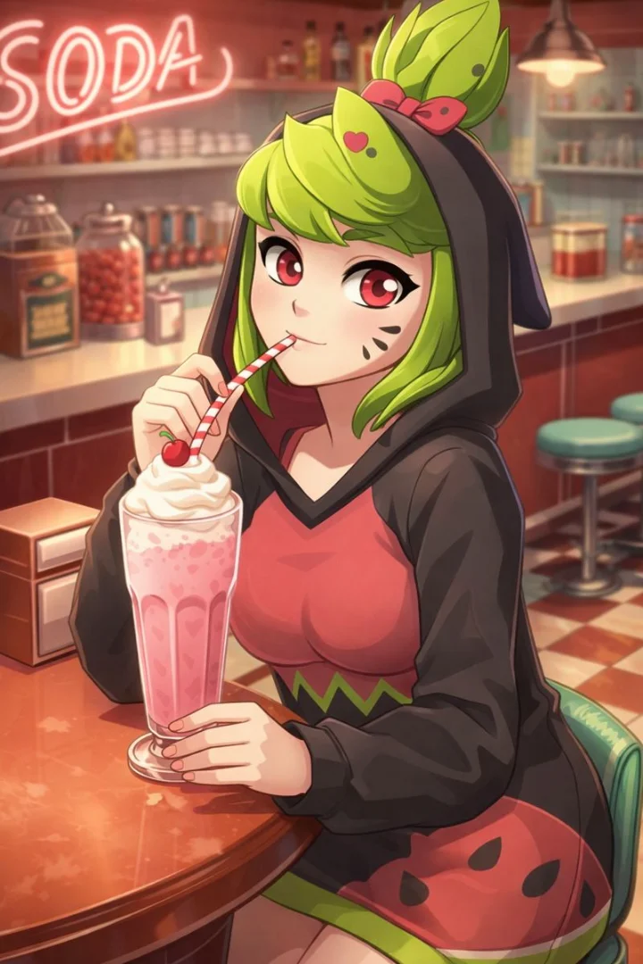 Melony drinking a milkshake