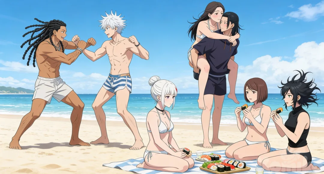 Genkai: bring it Satoru!!!! Gojo: fine!!!! , Geto: enjoying the beach Mrs. Kitsune? 