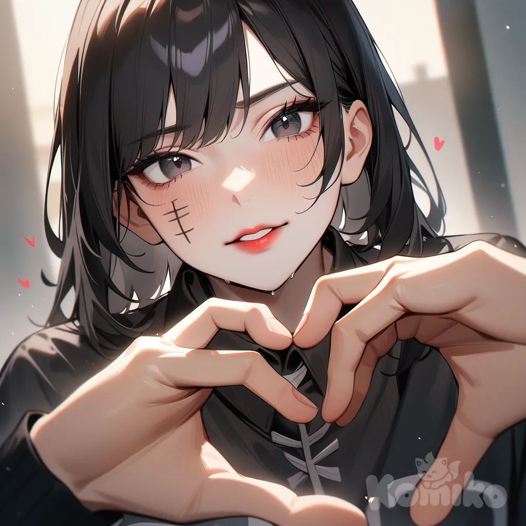 1boy, chinese face, black hair, black eyes, red lips, tally, heart hands