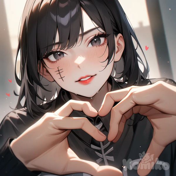 1boy, chinese face, black hair, black eyes, red lips, tally, heart hands