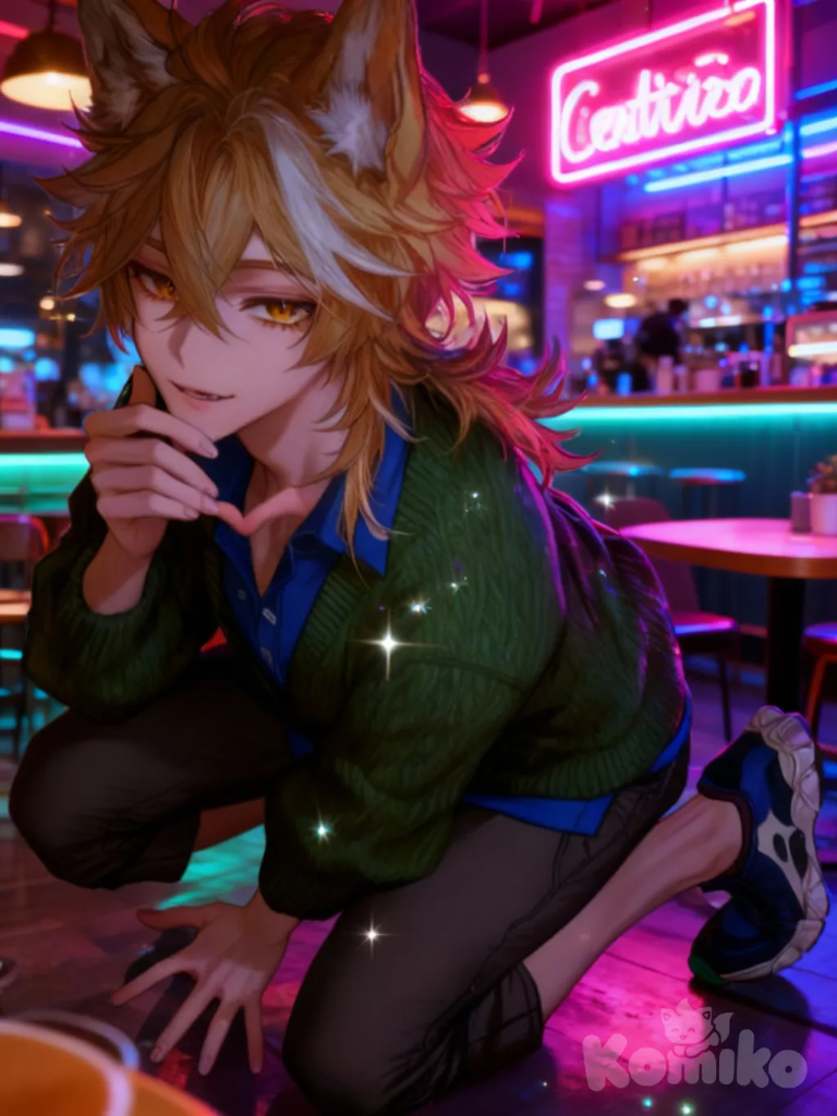 @lukas-wRzf, [semi-realistic-portrait-style], heart hands, neon lights, sparkle, cafe