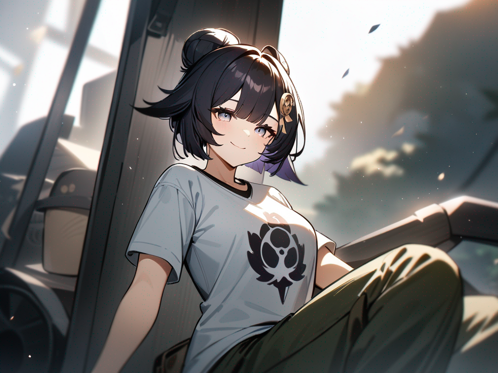Musashi (Azur Lane), Genshin Impact style, smile, t-shirt, cargo pants, hairpin, bun, charcoal black, full body, ambient light, white background