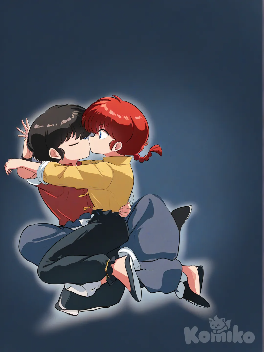 ranma 1/2, et akne tendo, [moody-glow-style], kissing, portrait, full body
