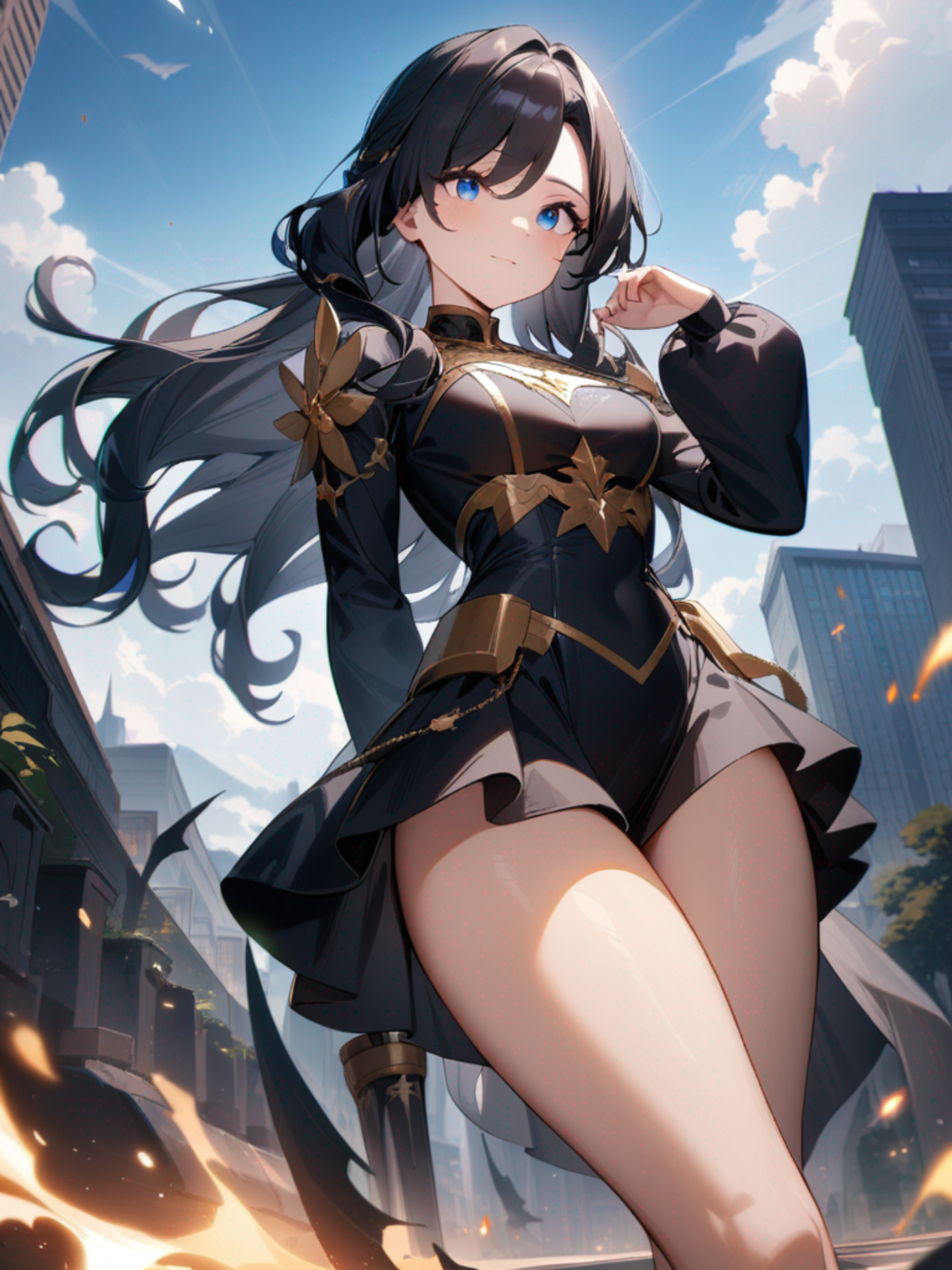 1girl, beauyy, long hair, black hair, blue eyes, long legs, superhero, medium breasts, power symbol