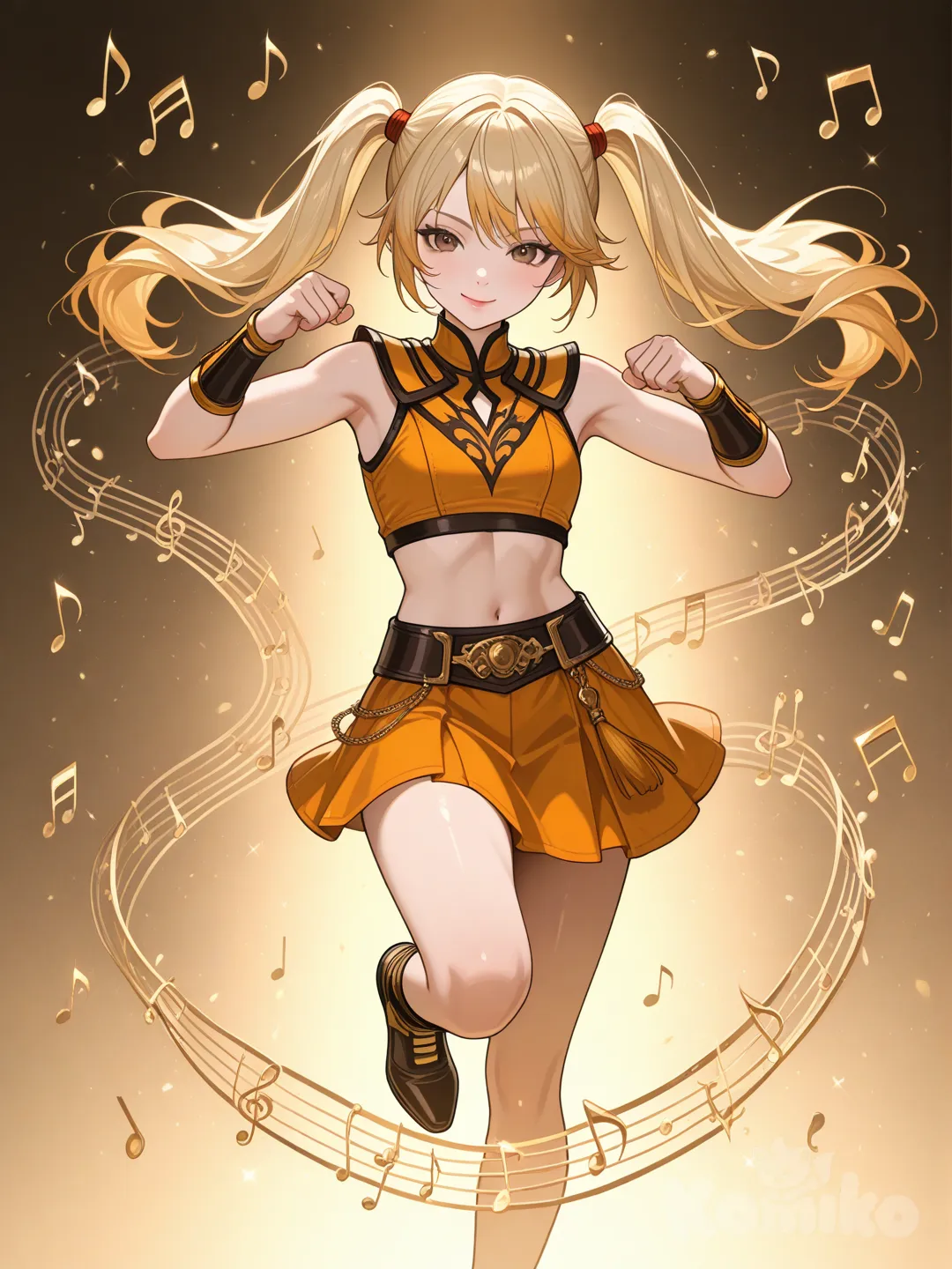 An ultra-photograph shows a full-length athletic young woman de 25 años, hermosa, con un cuerpo realista. with long, vibrant blonde hair in pigtails. Her brown eyes radiate confidence with a radiant smile in miniskirt and top orange, luxury closet soft smile, final fantasy merged mortal kombat style . Delicate musical notes and the ethereal name "Luis Arcy" gently drift around her feet, bathed in a warm, golden light, while her hair cascades with a soft, well-defined texture, creating a captivating and memorable portrait.