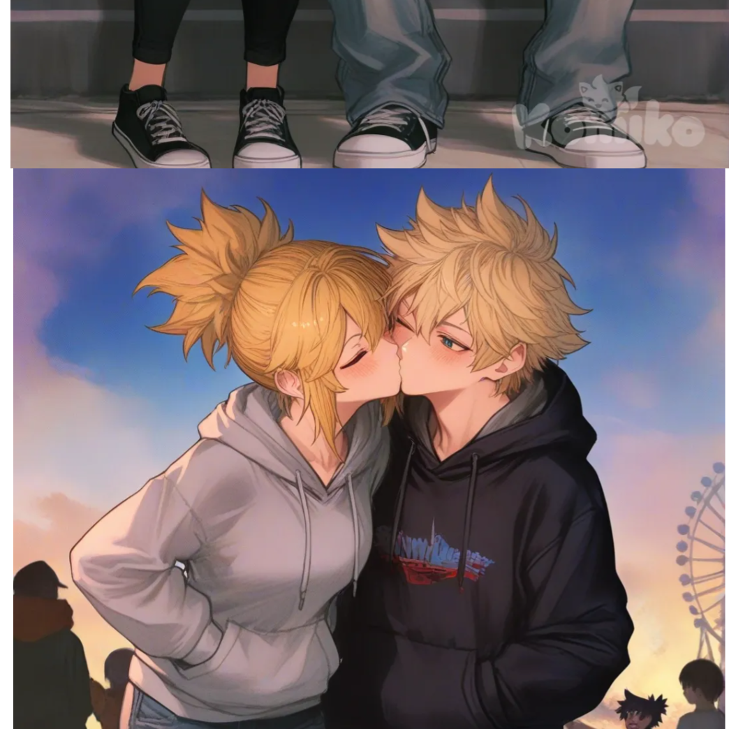 1boy and 1girl, 2people, [semi-realistic-portrait-style], kissing, blush, one eye closed, hoodie, casual pants, blonde hair, spiky hair, high ponytail, full body, twilight, blue sky, ferris wheel
