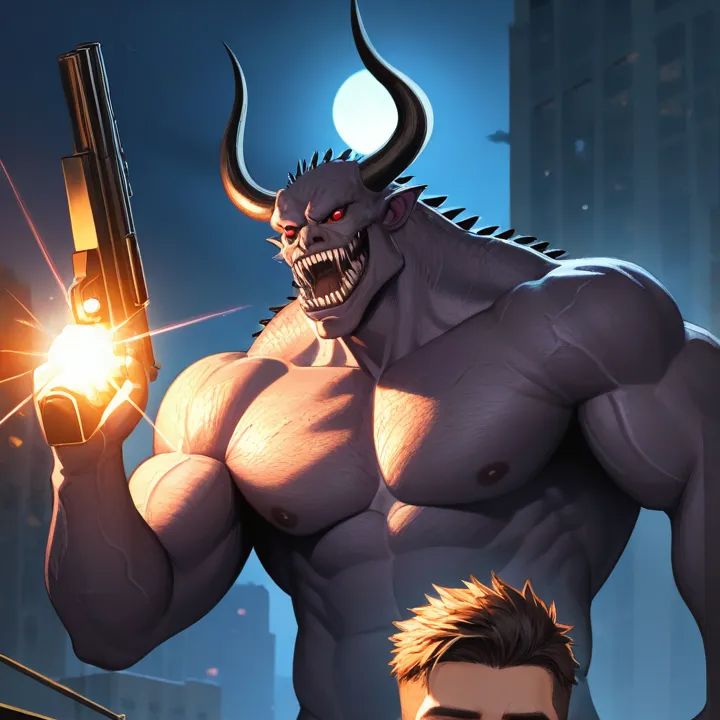 1boy, anime coloring, pixel art, holding gun, vest, monster, monster boy, muscular, muscular male, bara, ambient light, upper body