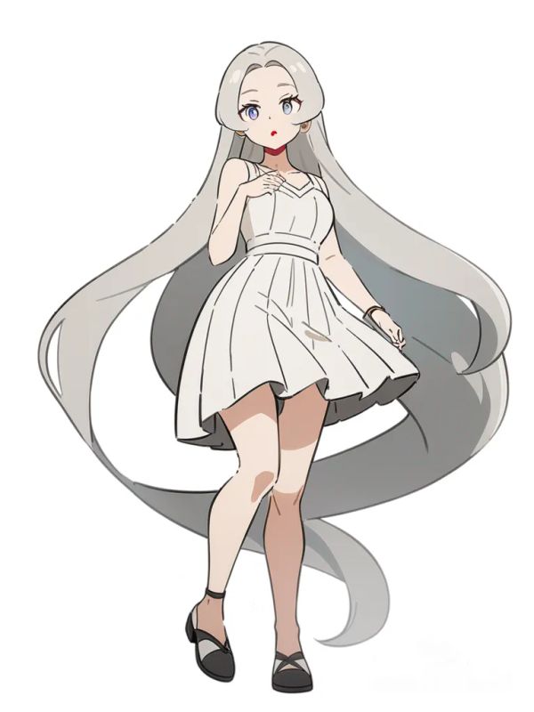 1girl, age 30, hourglass figure, fair skin, blue-gray eyes, round face, full lips with beauty spot, white pleated sundress blowing in the wind, no prominent jewelry, distinctive red lipstick, single character, full body, looking at viewer, anime style, simple background, white background