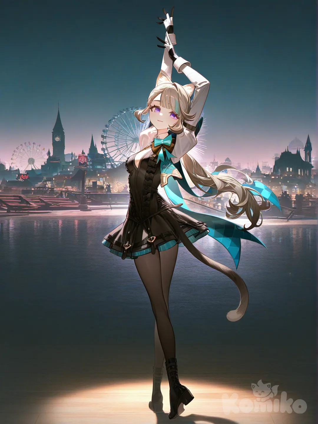 Lynette (Genshin Impact), dancing, smile, smirk, blush, full body, twilight, night, city lights, neon lights, ferris wheel, clock tower, circus, city scape.