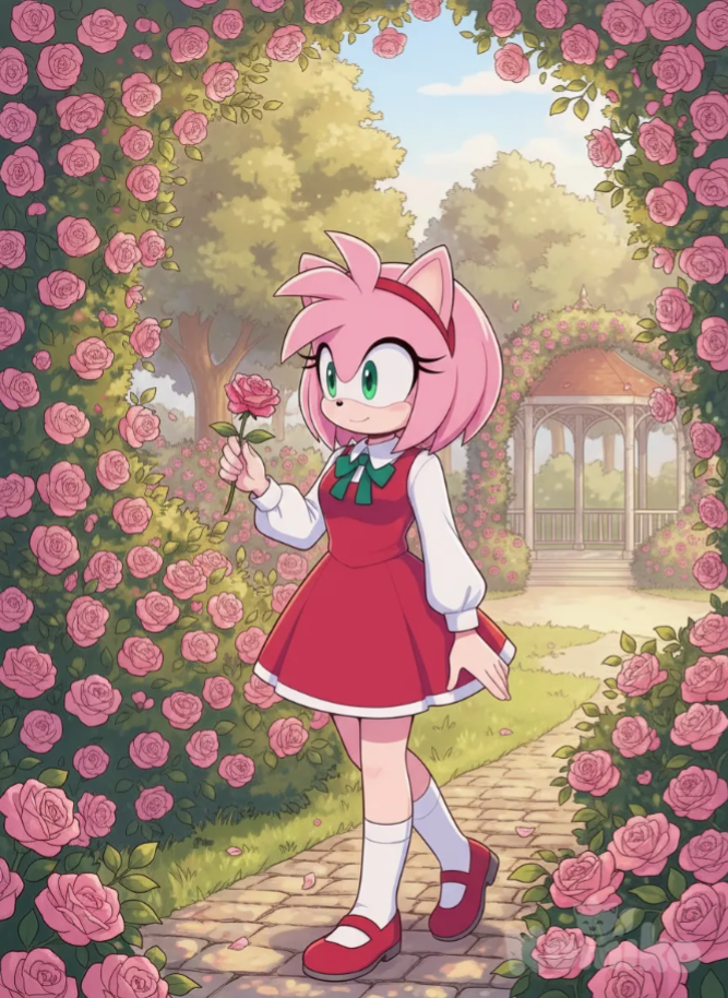 <amy-rose-Cguz> que estaba caminado por un parque lleno de rosas rosay recoje una rosa