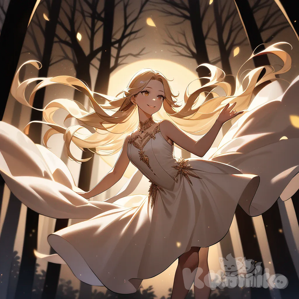 A photograph depicts a captivating young woman with flowing hair and an enchanting smile, striking a graceful pose, illuminated by warm, golden light. She is adorned in a sophisticated burgundy mini dress, her eyes sparkling with an inner radiance, set against a mystical backdrop of towering trees gently swaying in a soft breeze beneath a luminous moon. At her feet rests a solitary, shimmering gold musical note, grounding the scene, while elegantly scripted "Luis Arcy" is artfully integrated into the surrounding architectural details, suggesting a subtle air of refined luxury, reminiscent of the style of Annie Leibovitz. The background features ancient, moss-covered stone ruins partially obscured by a gentle mist, creating a sense of timelessness and wonder.