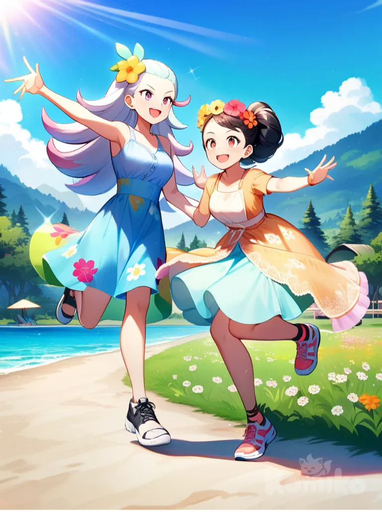 Hilda Pokemon, Rosa Pokemon, 2girls, full body, dynamic pose, smiling, cheerful, playful, vibrant colors, sunlight, warm atmosphere, bright sky, summer, outdoors, scenic setting, simple background, floral elements, lively expression, joyful interaction, energetic, colorful, bright, summery, fun, vivid atmosphere, relaxed, friendly, engaging, beautiful landscape