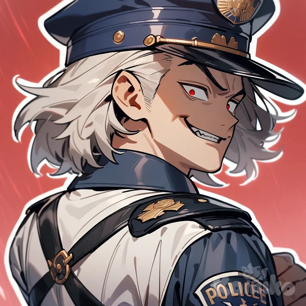 1boy,standing with back faced to viewer, looking back,crossed arms, evil smile, police uniform, police hat, mullet, portrait, full body, looking at viewer, red iron cross background , thick outline, thick lines