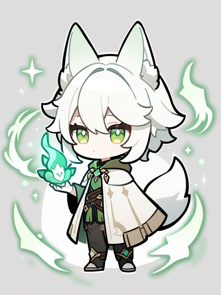 1boy, Genshin Impact chibi style, original character, teenager, slim, white hair, green eyes, fair skin, mage outfit, cloak outfit, white fox ears, white fox tail, green, white, gray main color palette, directed view, magic elemental, single character, full body, looking at viewer, anime style, simple background, white background