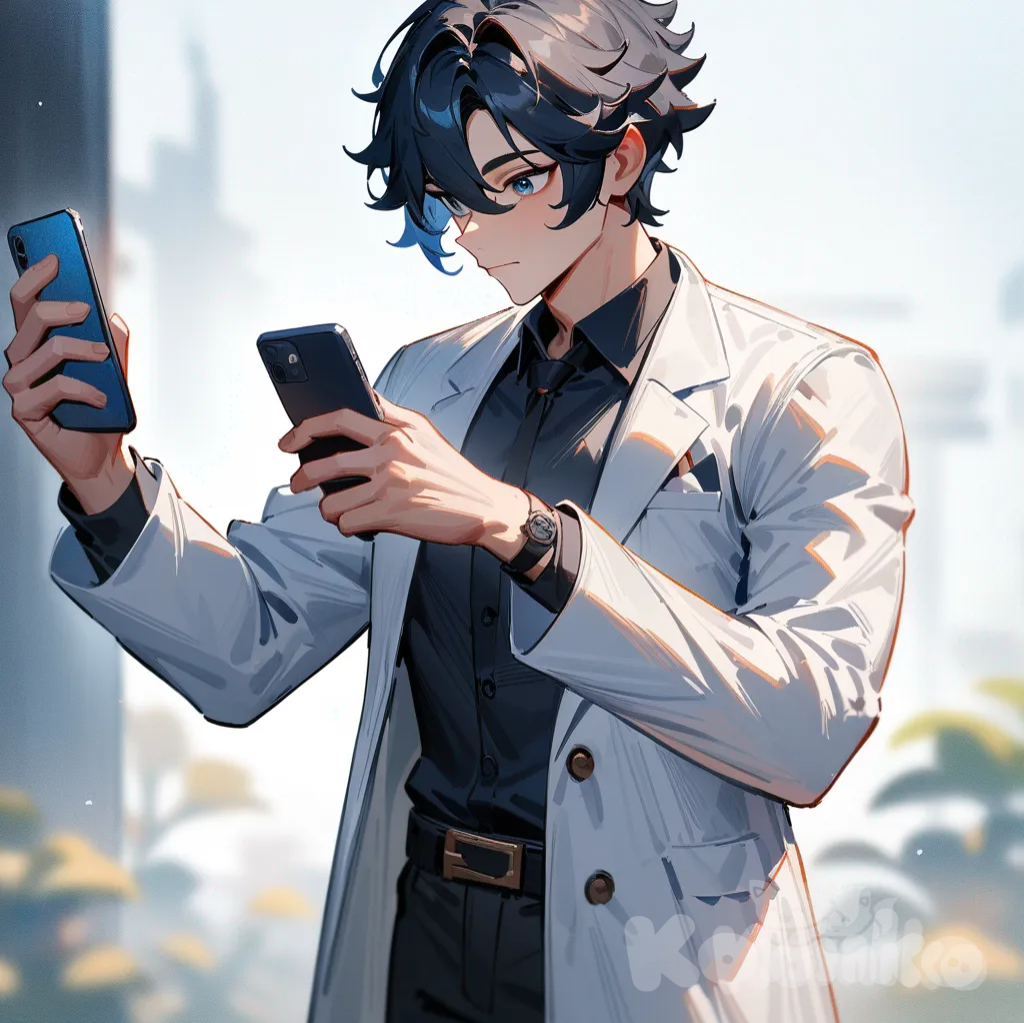 1boy, Genshin Impact style, impasto style, looking at phone, lab coat, cowboy shot