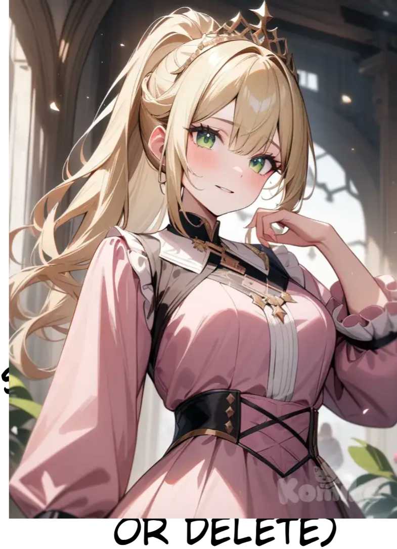 blonde hair, green eyes, ponytail, Wavy signs, pink dress, tiara, medium breasts