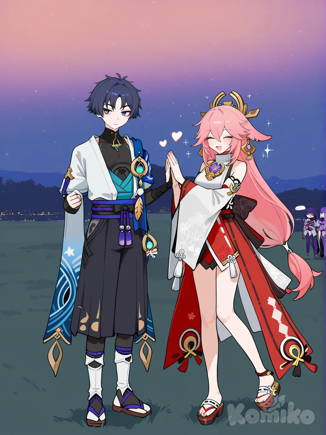 2girls, 1boy, Raiden Shogun, Yae Miko, Wanderer (Genshin Impact), [semi-realistic--style], heart hands, hugging, holding hands, high five, smile, laughing, smirk, blush, full body, twilight, night, sparkle, city lights, grassland