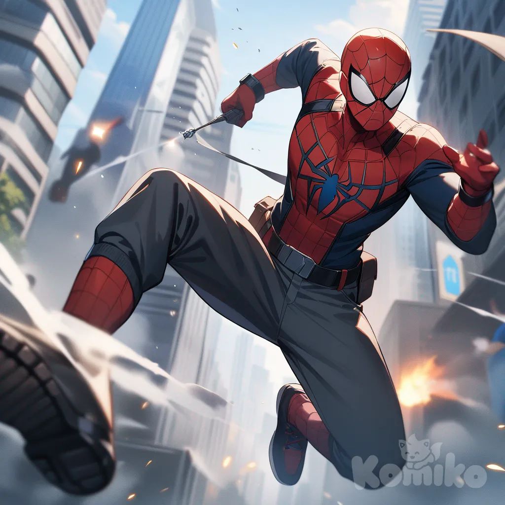 1boy, Peter Parker (Marvel), swinging through the city with skyscrapers in the background, dynamic action style