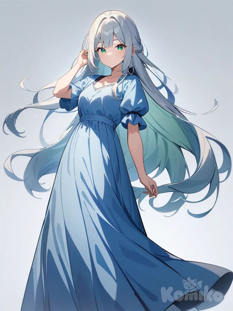 1girl, long flowing hair, green eyes, wearing a blue dress, single character, full body, looking at viewer, anime style, simple background, white background