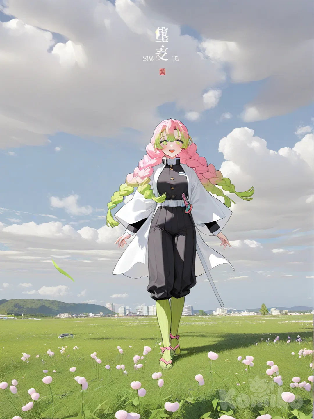 photo (medium), Kanroji Mitsuri, love hashira, demon slayer uniform, happy, full body, serene meadow