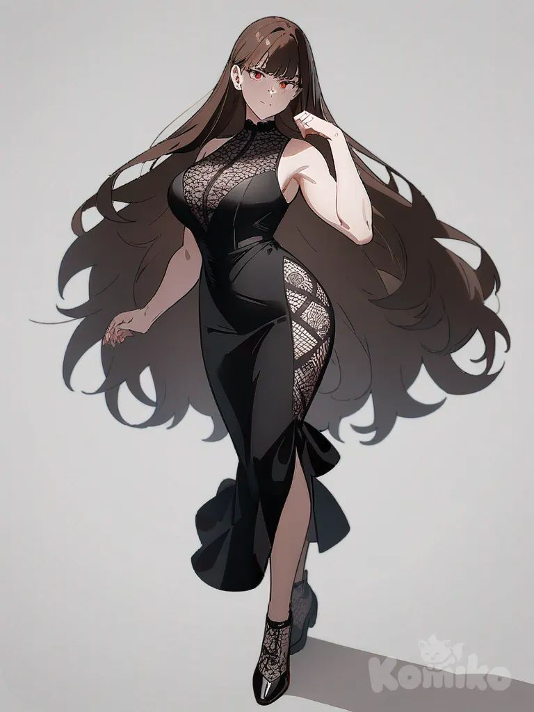 1girl, Jujutsu Kaisen style, original character, vampire, mature, athletic, long hair, brown hair, red eyes, freckles, fair skin, little black dress, lace, single character, full body, looking at viewer, anime style, simple background, white background