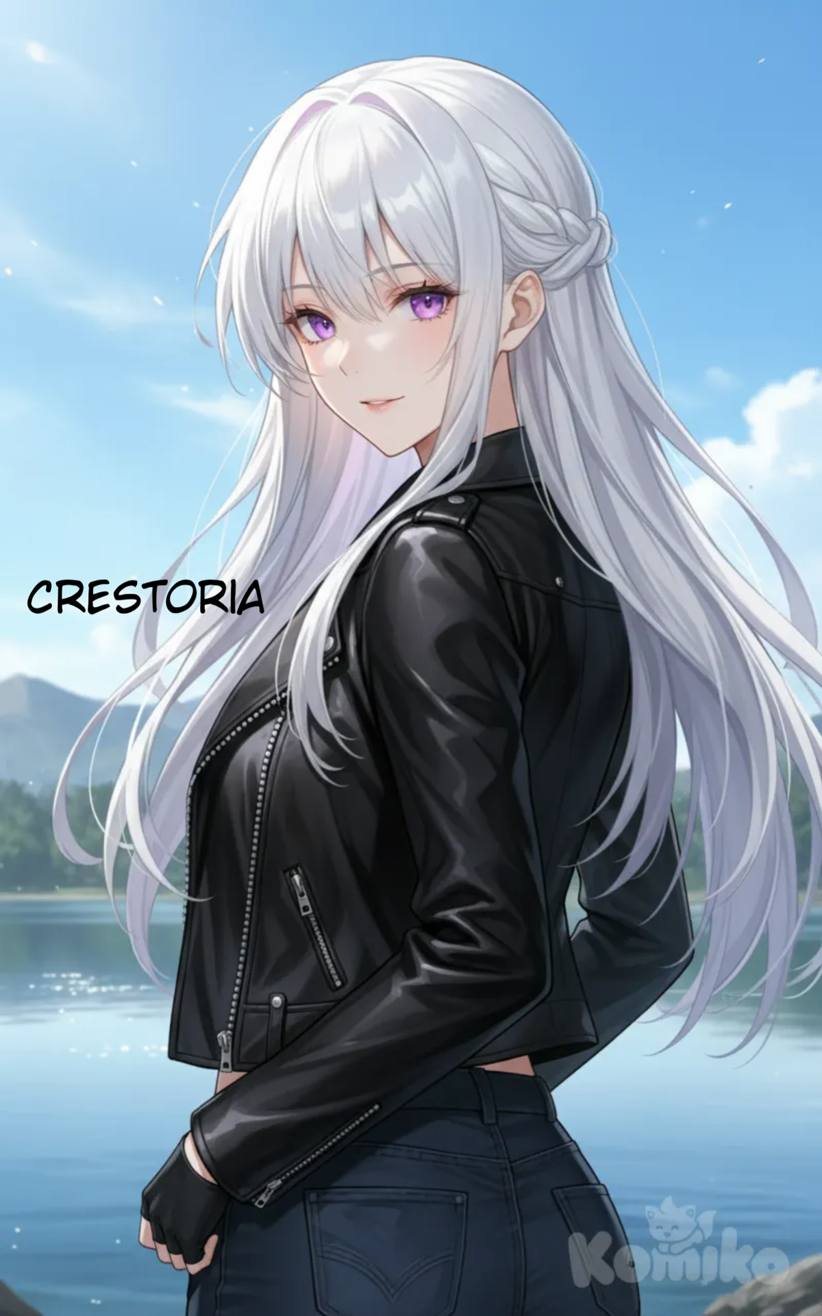 <crestoria-MmII>, looking back, smile, leather jacket, jeans, portrait, closeup, looking at viewer, lake, day light