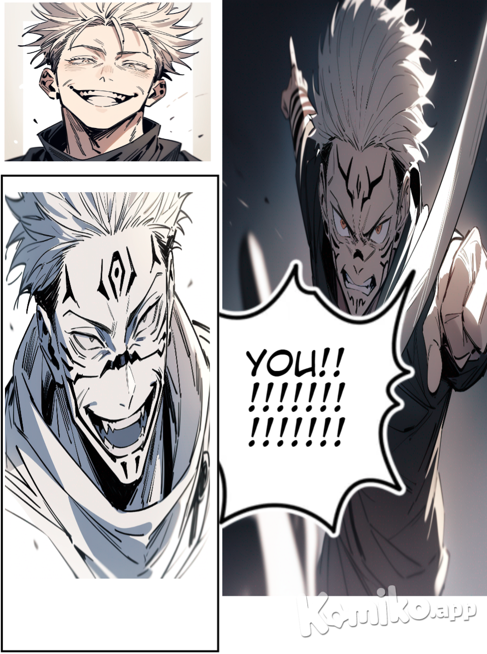 Ryoumen Sukuna (Jujutsu Kaisen), line sketch, holding sword, pointing at viewer, angry