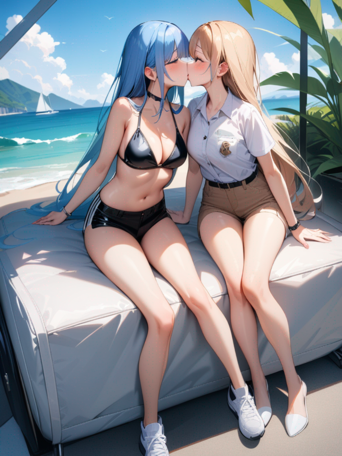 PVC, 2girls, long hair, full body, long legs, bikini, kissing, mouth