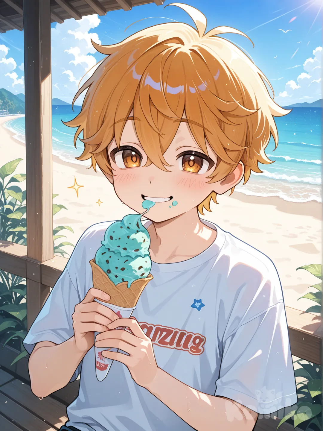 1boy, smile with ice cream