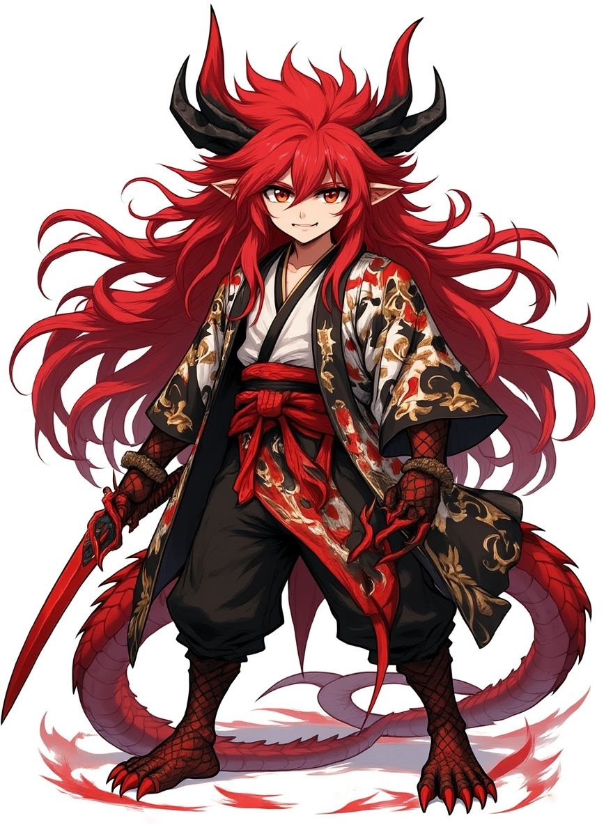 1boy, half demon, dragon hybrid, half human, red black and gold haori, custom multiversal breathing style, custom katana, custom scythe, strong/muscular, multiversal protector, reincarnation of Yoriichi Tsugikuni and Michikatsu Tsugikuni, strongest in the multiverse, 5.7 billion years old but looks like a 16-18 year old, dragon ears twitching, dragon tail wagging, arms covered in red-black scales, claws/nails are red, legs covered in red-black scales, toenails are red, red scales on dragon ears, red-black scales on dragon wings, white dragon teeth/fangs, black dragon horns with red tips, red-orange crimson dragon eyes, single character, upper body, looking at viewer, anime style, simple background, white background